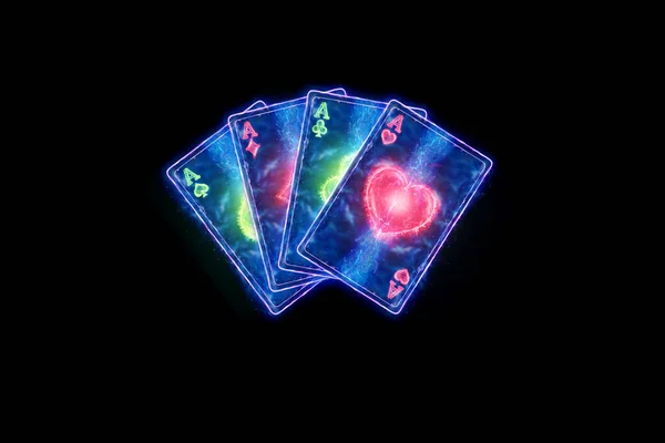 Neon Playing Cards Poker Four Aces Dark Background Design Template — Stock Photo, Image