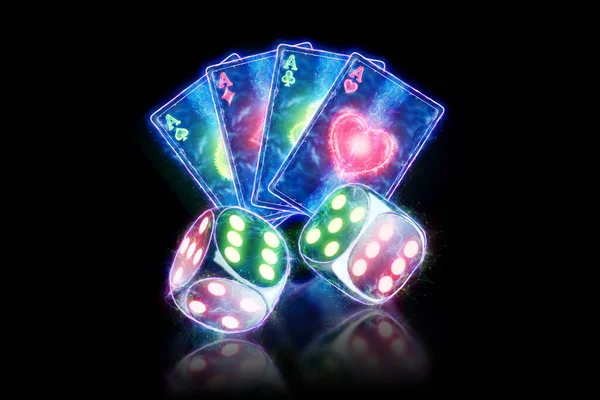 Creatieve Poker Template Neon Speelkaarten Dobbelstenen Ontwerp Donkere Achtergrond Casino — Stockfoto