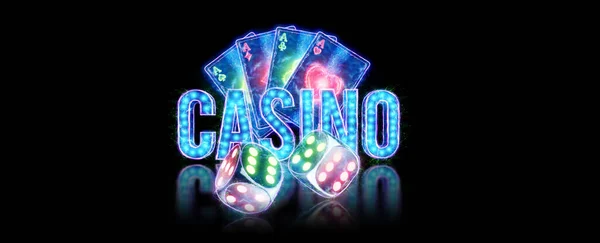 Creatieve Achtergrond Belettering Casino Speelkaarten Dobbelstenen Neon Letters Een Donkere — Stockfoto