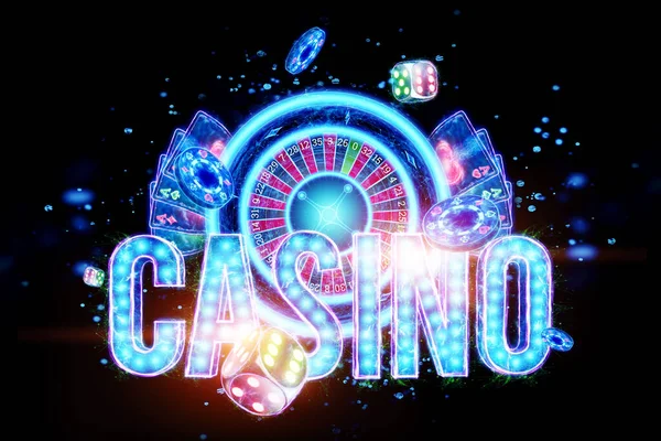 有创意的赌场背景 用霓虹灯字母题名赌场 在黑暗的背景下打牌轮盘赌 赌博的概念 网站的标题 复制空间 3D图解 3D渲染 — 图库照片