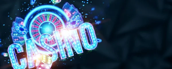 Creative Casino Background Назва Казино Неонових Буквах Грають Карти Рулету — стокове фото