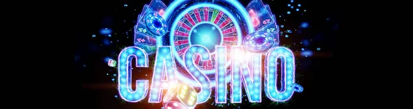 Creative background lettering casino, playing cards and dice neon letters on a dark background. Gambling concept, leaflet, flyer, header for the site. 3D illustration, 3D rendering.