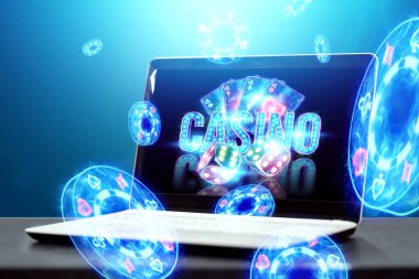 Online kumarhane, kumar, online para oyunları, bahisler. Neon kumarhane fişleri, kumarhane yazıtları, poker kartları, zarlar dizüstü bilgisayardan uçar gider.