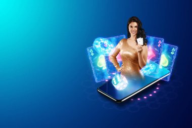 Online kumarhane, kumar, online para oyunları, bahisler. Akıllı telefon ve elinde iskambil kağıtlarıyla güzel bir kız. Web sitesi başlığı, el ilanı, poster, reklam şablonu