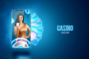 Online kumarhane, kumar, online para oyunları, bahisler. Akıllı telefon ve elinde iskambil kağıtlarıyla güzel bir kız. Web sitesi başlığı, el ilanı, poster, reklam şablonu