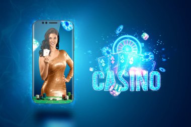 Online kumarhane, kumar, online para oyunları, bahisler. Akıllı telefon ve elinde iskambil kağıtlarıyla güzel bir kız. Web sitesi başlığı, el ilanı, poster, reklam şablonu