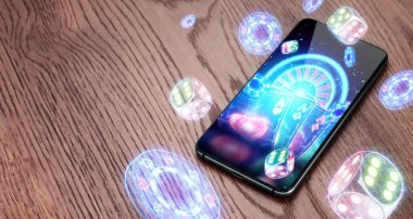 Akıllı telefon ve neon kumarhane resetleme, rulet, zar, fiş. Çevrimiçi kumarhane, kumar, internet oyunları, bahis. Web sitesi başlığı, reklam için ilan afişi şablonu