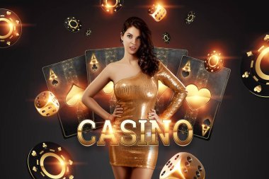 Beautiful girl on the background of the golden casino atrebutics. Winning, casino advertising template, gambling, vegas games, betting clipart