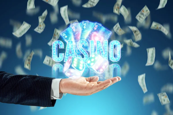 Inscripción Casino Fondo Atrábicos Casino Neón Caída Dólares Ganar Casino — Foto de Stock