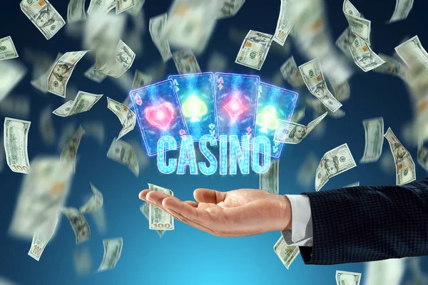 Casino Nápis Pozadí Neonové Kasino Atrebutics Klesající Dolary Vítězství Kasino — Stock fotografie