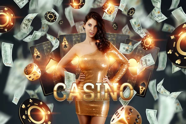 Hermosa Chica Fondo Los Atrábicos Casino Caída Dólares Ganar Casino — Foto de Stock