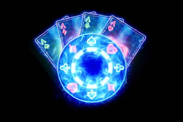 Neon Poker Chips Kaarten Hologram Casino Producten Winnen Casino Reclame — Stockfoto