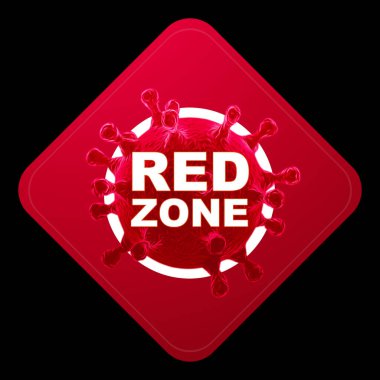 Kırmızı bölge yazısını imzalayın. Kırmızı seviye tehlike, koronavirüs, tecrit, karantina, virüs. Siyah arka planda izole et. 3d görüntüleme, 3d illüstrasyon.