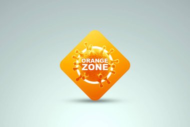 Turuncu bölge yazısını imzalayın. Turuncu tehlike seviyesi, minimum. Coronavirus konsepti, tecrit, karantina, virüs. 3d görüntüleme, 3d illüstrasyon.