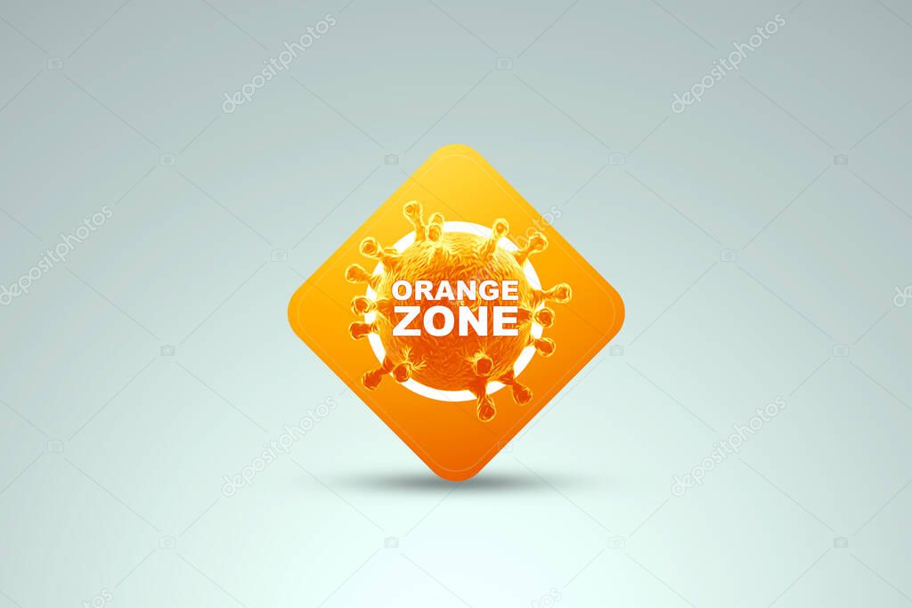 Sign with the inscription orange zone. Orange hazard level, minimal. Coronavirus concept, lockdown, quarantine, virus. 3d render, 3d illustration.