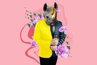 Modern tasarım, gergedan kafası, kişiliği ve karakteri olan çok renkli takım elbiseli bir beden. Parlak moda renkler, şok edici sanat, bir dergi için tarz, modaya uygun web tasarımı. Boşluğu kopyala