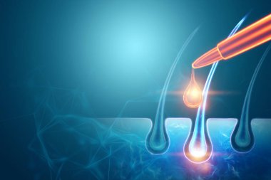 Kafa derisi, mavi arka planda izole edilmiş neon saçlar. Saç bakımı, saç bakımı. 3B illüstrasyon, 3B canlandırma.