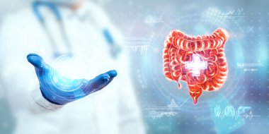Doktor bağırsağın hologramına bakar, sanal arayüzün test sonuçlarını kontrol eder ve verileri analiz eder. Ülser, ameliyat, yenilikçi teknolojiler, geleceğin tıbbı