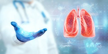 The doctor looks at the hologram of Lungs, checks the test result on the virtual interface and analyzes the data. Pneumonia, donation, innovative technologies, medicine of the future clipart