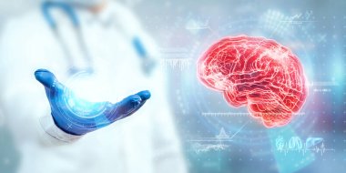 Doktor beyin hologramına bakar, sanal arayüzün test sonuçlarını kontrol eder ve verileri analiz eder. Alzheimer hastalığı, beyin bunaması, yenilikçi teknolojiler, geleceğin tıbbı.