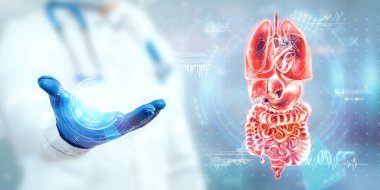 Cerrah iç organların hologramına bakar, test sonuçlarını sanal ekranda kontrol eder ve verileri analiz eder. İç kanama, ameliyat, yenilikçi teknolojiler, geleceğin tıbbı