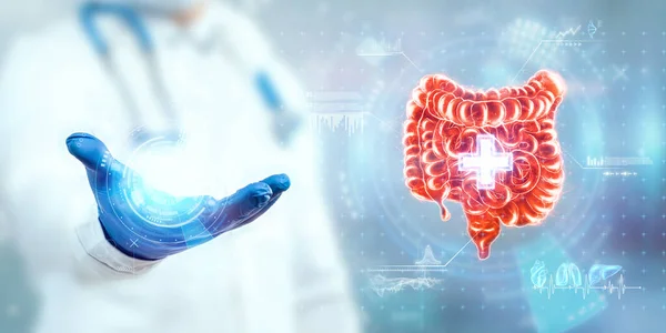 Médico Observa Holograma Del Intestino Comprueba Resultado Prueba Interfaz Virtual —  Fotos de Stock