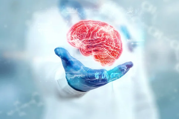Médico Observa Holograma Cerebral Comprueba Resultado Prueba Interfaz Virtual Analiza — Foto de Stock