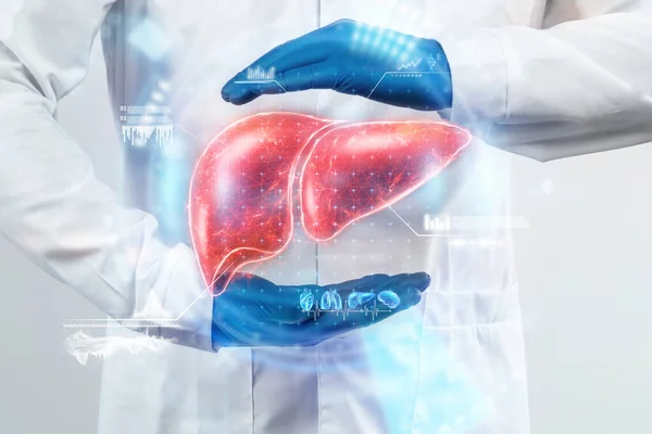 Médecin Examine Hologramme Foie Vérifie Résultat Test Sur Interface Virtuelle — Photo