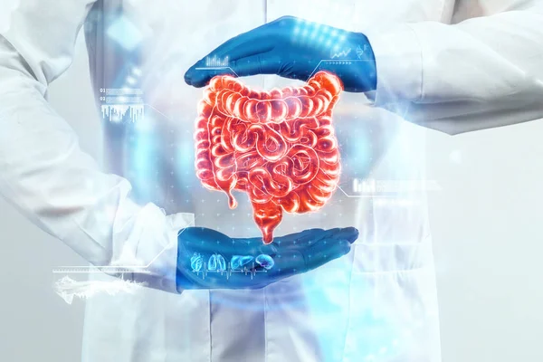 Médico Observa Holograma Del Intestino Comprueba Resultado Prueba Interfaz Virtual —  Fotos de Stock