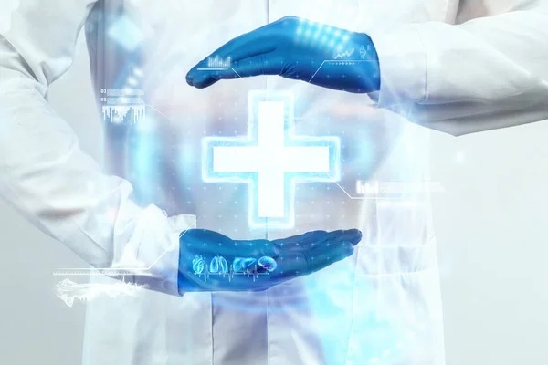 Les Mains Médecin Médecin Regarde Hologramme Vérifie Résultat Test Sur — Photo