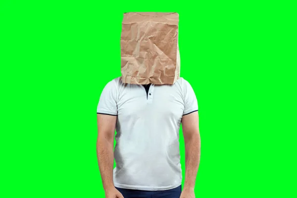 Men Put Paper Bag Heads Put Hands Support Motivation Isolate — Stock Photo, Image