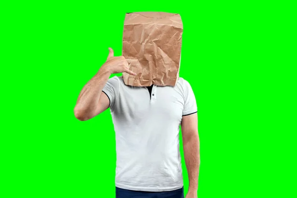 Men Put Paper Bag Heads Pretend Call Phone Support Motivation — Stock Photo, Image