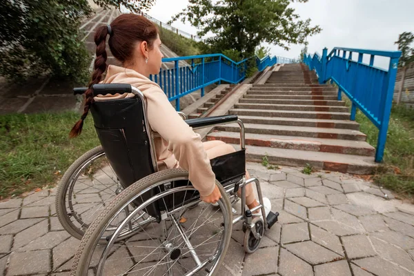 Young Disabled Girl Sits Wheelchair Front Stairs Concept Wheelchair Disabled — Stock Photo, Image