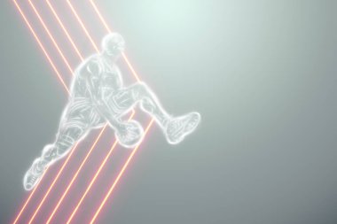 Zıplayan bir basketbol oyuncusunun görüntüsü. Yaratıcı kolaj, spor broşürü. Basketbol konsepti, spor, oyun, sağlıklı yaşam tarzı. Uzayı kopyala, 3 boyutlu illüstrasyon, 3 boyutlu görüntüleme.