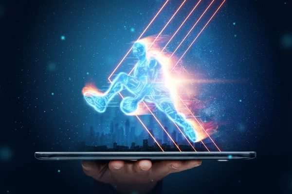 Fiery Image Basketball Player Cuts Out His Smartphone Creative Collage — Stock Photo, Image