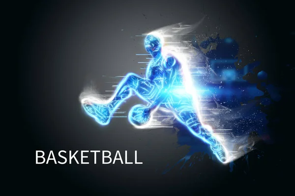 Neon Bild Eines Professionellen Basketballspielers Der Mit Einem Ball Springt — Stockfoto