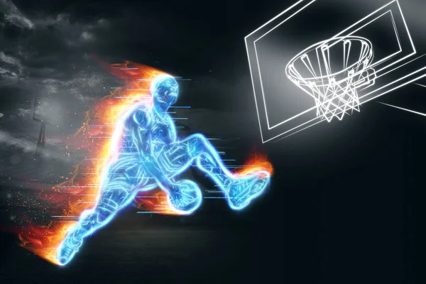 Neon Bild Eines Professionellen Basketballspielers Der Mit Einem Ball Springt — Stockfoto