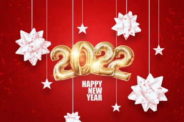 Altın folyo balonlardan 2022 altın sayı. - Mutlu yıllar. Kırmızı arka planda modern tasarım. Tasarım şablonu, site başlığı, poster, yeni yıl kartı, broşür. 3B illüstrasyon, 3B canlandırma