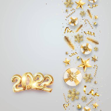 Altın folyo balonlardan 2022 altın sayı. - Mutlu yıllar. Hafif arka planda modern tasarım. Tasarım şablonu, site için başlık, poster, yılbaşı kartı. 3B illüstrasyon, 3B canlandırma