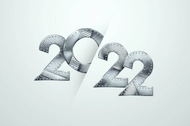 Hafif arkaplanda 2022 nolu metalik sayılar. - Mutlu yıllar. Modern tasarım, şablon, site başlığı, poster, yeni yıl kartı, broşür. 3B illüstrasyon, 3B canlandırma