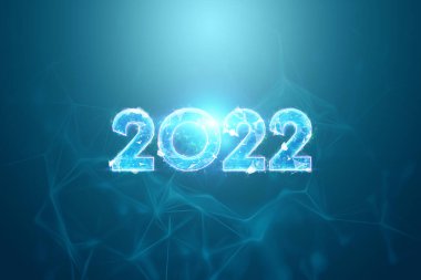 Koyu arkaplanda 2022 numaralı mavi hologram. - Mutlu yıllar. Modern tasarım, şablon, site başlığı, poster, yeni yıl kartı, broşür. 3B illüstrasyon, 3B canlandırma