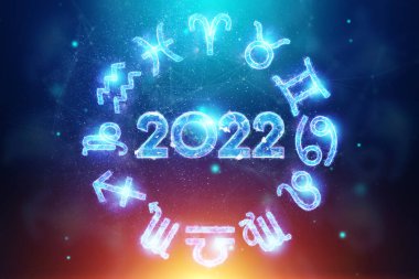 Zodyak işaretlerinin arka planında 2022 numaralı mavi hologram. - Mutlu yıllar. Modern tasarım, şablon, site başlığı, poster, yeni yıl kartı, broşür. 3B illüstrasyon, 3B canlandırma