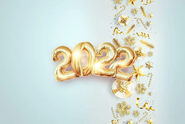 2022年金箔气球上的金号 新年快乐 轻便背景的现代设计 设计模板 网站首页 新年卡片 3D图解 3D渲染 — 图库照片