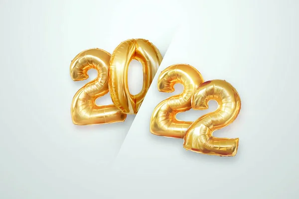 Gold numbers 2022 from Gold foil balloons. Happy New Year. Modern design on a light background. Design template, header for the site, poster, New Year\'s card. 3D illustration, 3D render