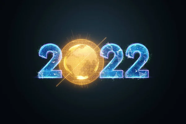 Blauw Hologram Nummer 2022 Een Donkere Achtergrond Gelukkig Nieuwjaar Modern — Stockfoto