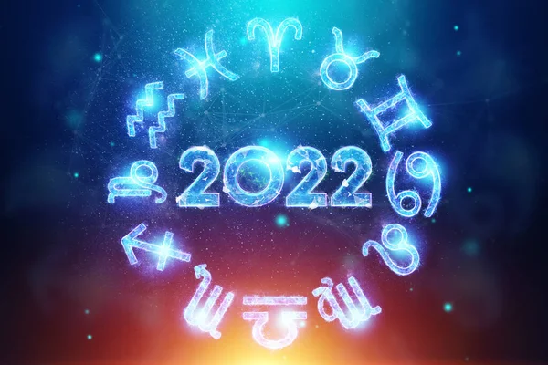 Holograma Azul Número 2022 Fondo Los Signos Del Zodiaco Feliz — Foto de Stock