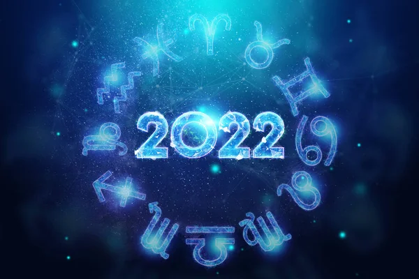 Hologramme Bleu Numéro 2022 Sur Fond Des Signes Zodiaque Bonne — Photo