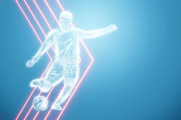 Hologram Fotbollsspelare Blå Bakgrund Begreppet Sportspel Fotboll Spel Online Sändning — Stockfoto