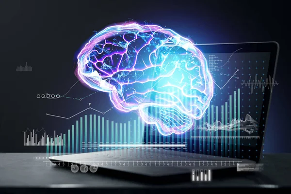 Holograma Abstracto Del Cerebro Con Información Analítica Sobre Fondo Una — Foto de Stock