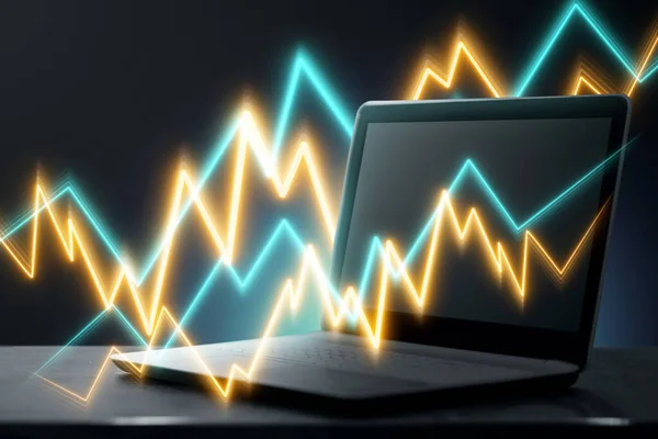Gráfico Diagrama Fundo Laptop Dados Análise Investimentos Conceito Estratégia Negócios — Fotografia de Stock